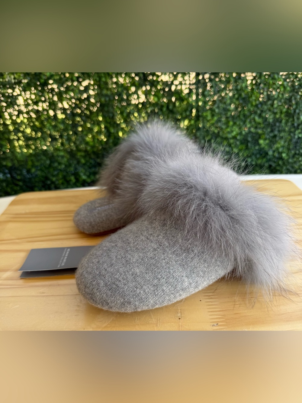 NWT Neiman Marcus Cashmere Fox Fur Slippers Gray Size Medium